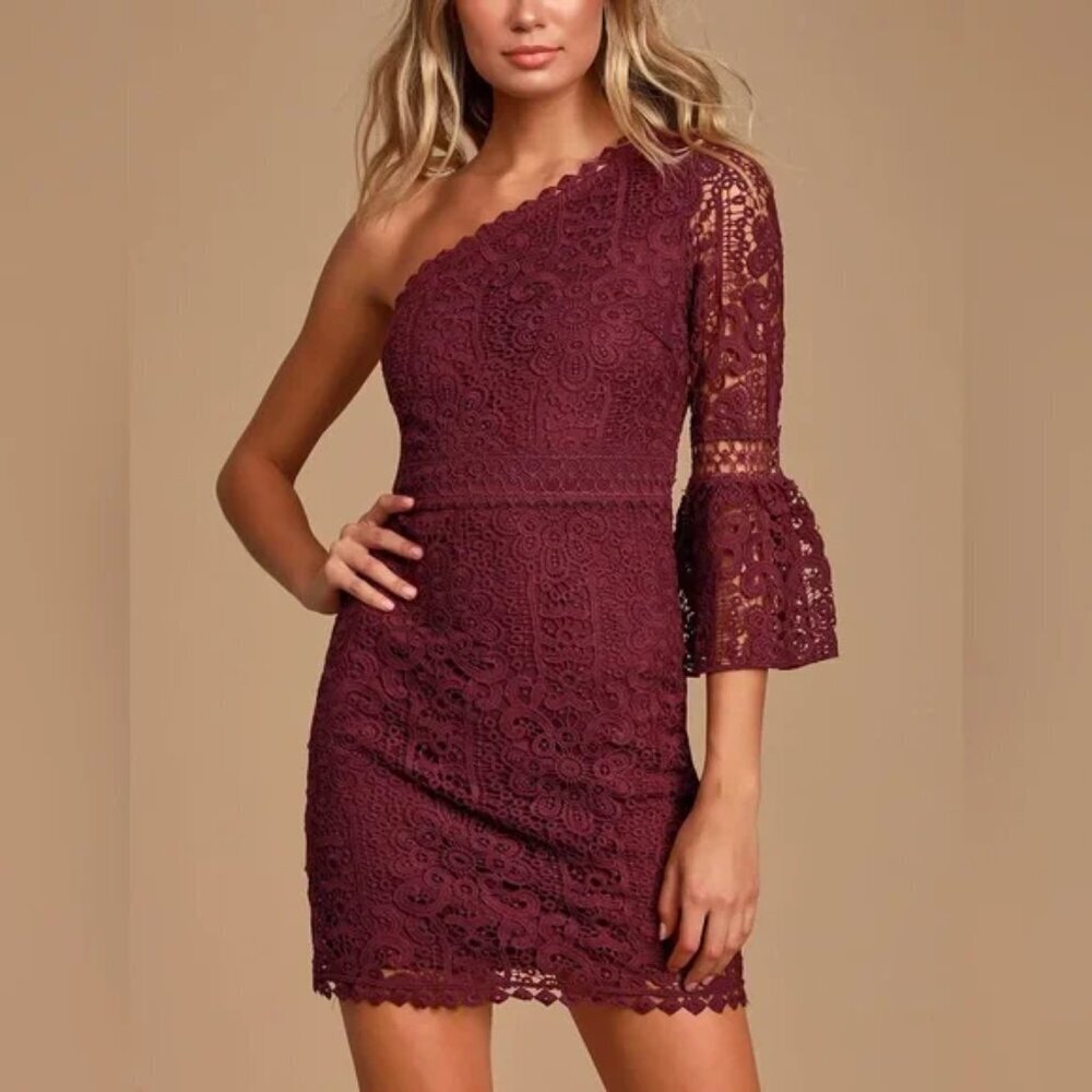 Lulu's Dress Burgundy Lace One Shoulder Long Sleeve Womens Size XS